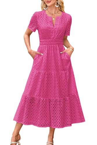 MAGIMODAC Sommerkleid A Linie Damen Lang Kurzarm V Ausschnitt Midikleid Maxikleid Freizeitkleid Baumwolle Kleider Strandkleid mit Taschen Rosarot M von MAGIMODAC