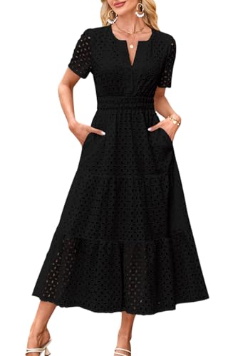 MAGIMODAC Sommerkleid A Linie Damen Lang Kurzarm V Ausschnitt Midikleid Maxikleid Freizeitkleid Baumwolle Kleider Strandkleid mit Taschen Schwarz XL von MAGIMODAC