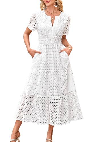 MAGIMODAC Sommerkleid A Linie Damen Lang Kurzarm V Ausschnitt Midikleid Maxikleid Freizeitkleid Baumwolle Kleider Strandkleid mit Taschen Weiß M von MAGIMODAC