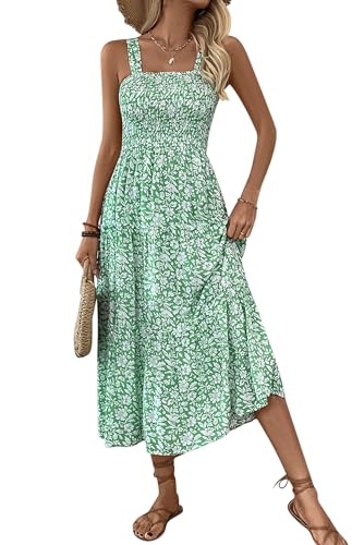 MAGIMODAC Sommerkleid Damen Ärmellos Spaghettiträger Maxikleid Hohe Taille Boho Kleid Lang Blumenkleid Elegant Kleider A-Linie Freizeitkleid Grün XL von MAGIMODAC