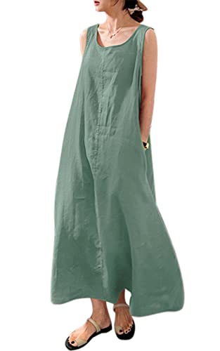 MAGIMODAC Sommerkleid Damen Lang Baumwolle Kleid Ärmelloses Freizeitkleid Casual Maxikleid Tunika Kleider mit Taschen Grün 2XL von MAGIMODAC