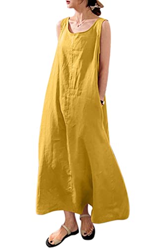 MAGIMODAC Sommerkleid Damen Lang Baumwolle Kleid Ärmelloses Freizeitkleid Casual Maxikleid Tunika Kleider mit Taschen Gelb 3XL von MAGIMODAC