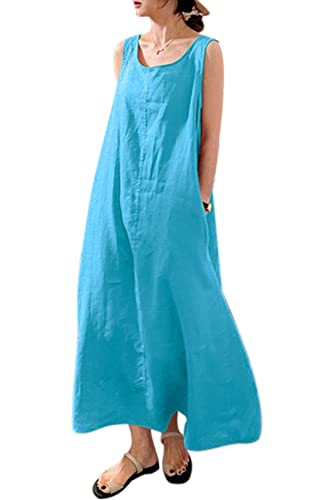 MAGIMODAC Sommerkleid Damen Lang Baumwolle Kleid Ärmelloses Freizeitkleid Casual Maxikleid Tunika Kleider mit Taschen Hellblau 2XL von MAGIMODAC