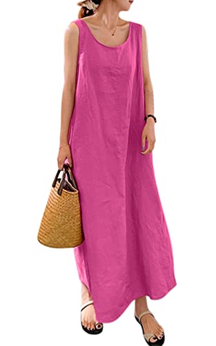 MAGIMODAC Sommerkleid Damen Lang Baumwolle Kleid Ärmelloses Freizeitkleid Casual Maxikleid Tunika Kleider mit Taschen Pink L von MAGIMODAC