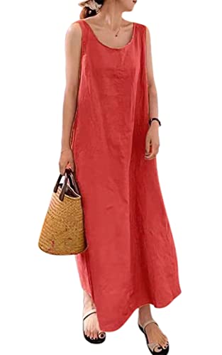 MAGIMODAC Sommerkleid Damen Lang Baumwolle Kleid Ärmelloses Freizeitkleid Casual Maxikleid Tunika Kleider mit Taschen Rot 3XL von MAGIMODAC