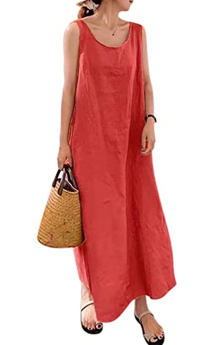MAGIMODAC Sommerkleid Damen Lang Baumwolle Kleid Ärmelloses Freizeitkleid Casual Maxikleid Tunika Kleider mit Taschen Rot 4XL von MAGIMODAC
