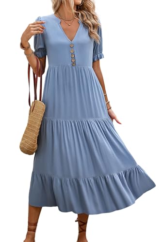 MAGIMODAC Sommerkleid Damen Lang Maxikleid Mit V-Ausschnitt Kurzarm Kleider Elegant Gestuftes A-Linien Kleid Einfarbig Hohe Taille Freizeitkleider Mit KnöPfen Blau XL von MAGIMODAC