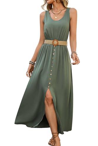 MAGIMODAC Sommerkleid Damen V-Ausschnitt Freizeitkleid Ärmellose Tank Kleid Einfarbige A-Linien Kleider Mit Gürtel Elegant Wickelkleid Mit Schlitz Armeegrün L von MAGIMODAC