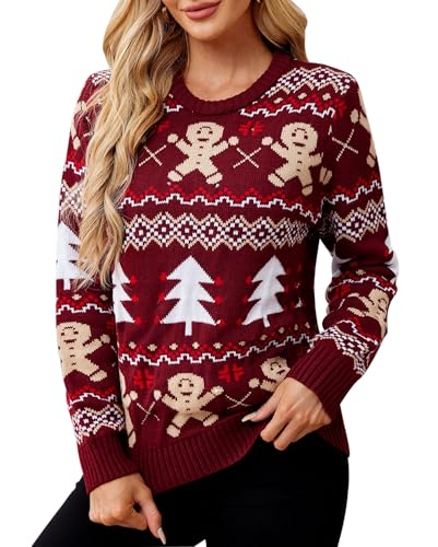 MAGIMODAC Weihnachten Pullover Damen Lustig Rentiermuster Weihnachtspullover Langarm Weihnachtspulli Xmas Rundhals Strickpullover Christmas Sweater Winter Slim Fit Dunkelrot S von MAGIMODAC