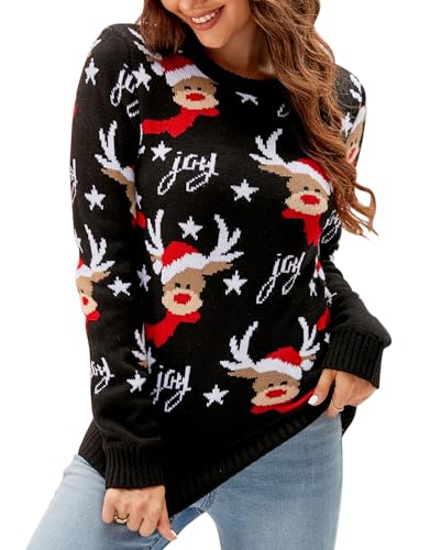 MAGIMODAC Weihnachten Pullover Damen Lustig Rentiermuster Weihnachtspullover Langarm Weihnachtspulli Xmas Rundhals Strickpullover Christmas Sweater Winter Slim Fit Schwarz S von MAGIMODAC