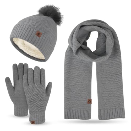 MAGIMODAC Winter Mütze Schal Touchscreen Handschuhe Set Damen Herren Innenfleece Strickmütze Fleece Gefütterte Beanie Winddicht Lang Winterschal mit Bommel Grau von MAGIMODAC