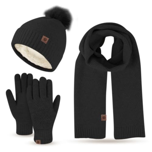 MAGIMODAC Winter Mütze Schal Touchscreen Handschuhe Set Damen Herren Innenfleece Strickmütze Fleece Gefütterte Beanie Winddicht Lang Winterschal mit Bommel Schwarz von MAGIMODAC