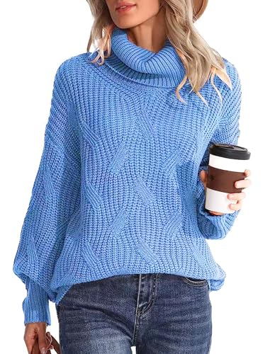 MAGIMODAC Winter Pullover Damen Strickpullover Rollkragen Langarm Winterpullover Einfarbig Oversized Gestrickte Oberteile Lässig Locker Strickpulli Warm Grobstrickpullover Blau L von MAGIMODAC