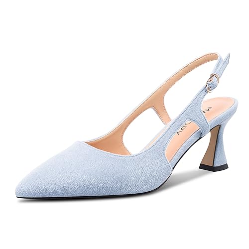 MAGIOPY Damen Geschlossene Spitze Zehenkappe Mittlerem Absatz Heel Slingback Slip-on Dress Pumps Schnalle Lässig Büroschuhe Schuhe 6.5 cm Heels Hellblau 40 EU von MAGIOPY