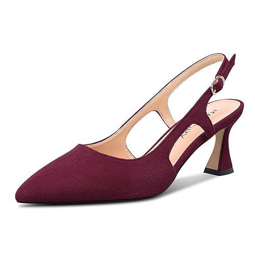 MAGIOPY Damen Geschlossene Spitze Zehenkappe Mittlerem Absatz Heel Slingback Slip-on Dress Pumps Schnalle Lässig Büroschuhe Schuhe 6.5 cm Heels Weinrot 39 EU von MAGIOPY