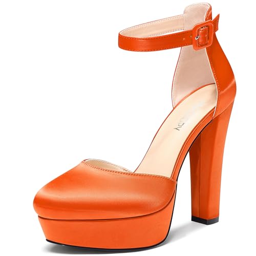 MAGIOPY Damen Hoher High Blockabsatz Plateau Plattform Absatz Heel Runde Zehenkappe Knöchelriemen Two-Piece Pumps Schnalle Satin Schuhe 13 cm Heels Orange 40 EU von MAGIOPY