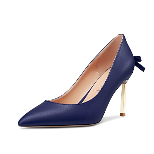 MAGIOPY Damen Hoher High Stiletto Absatz Heel Geschlossene Spitze Zehenkappe Slip-on Pumps Bogenknoten Hochzeit Party Dress Schuhe 8.5 cm Heels Navy Blau 36 EU von MAGIOPY