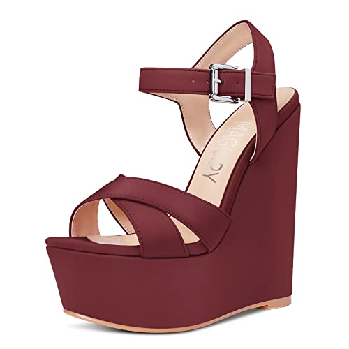 MAGIOPY Damen Keilabsatz Plateau Plattform Hoher High Absatz Heel Peep Open Zehenkappe Sandalen Knöchelriemen Slingback Hochzeit Dress Schuhe Burgund Rot 40 EU von MAGIOPY