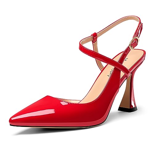 MAGIOPY Damen Mittlerem Absatz Heel Knöchelriemen Slingback Spitze Zehenkappe Pumps Schnalle Abschlussball Lässig Sommer Schuhe 8.5 cm Heels Rot 39 EU von MAGIOPY