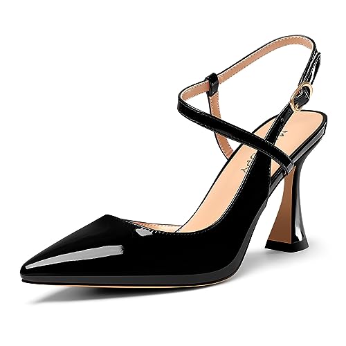 MAGIOPY Damen Mittlerem Absatz Heel Knöchelriemen Slingback Spitze Zehenkappe Pumps Schnalle Abschlussball Lässig Sommer Schuhe 8.5 cm Heels Schwarz 45 EU von MAGIOPY