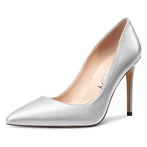 MAGIOPY Damen Stiletto Hoher High Absatz Heel Geschlossene Spitze Zehenkappe Pumps Slip-on Hochzeit Sexy Dress Schuhe Silber 35 EU von MAGIOPY