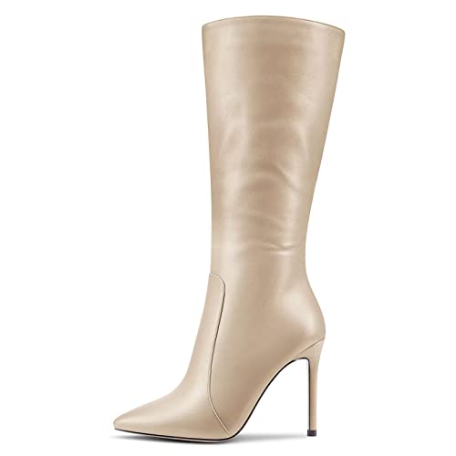 MAGIOPY Damen Stiletto Hoher High Absatz Heel Spitze Zehenkappe Mid Calf Reißverschluss Büroschuhe Cute 10 CM Heels Stiefel Beige 44 EU von MAGIOPY