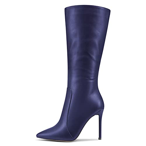 MAGIOPY Damen Stiletto Hoher High Absatz Heel Spitze Zehenkappe Mid Calf Reißverschluss Büroschuhe Cute 10 CM Heels Stiefel Blau 39 EU von MAGIOPY