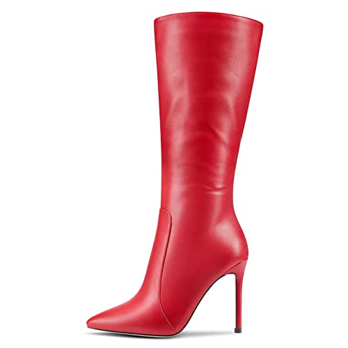 MAGIOPY Damen Stiletto Hoher High Absatz Heel Spitze Zehenkappe Mid Calf Reißverschluss Büroschuhe Cute 10 CM Heels Stiefel Rot 40 EU von MAGIOPY