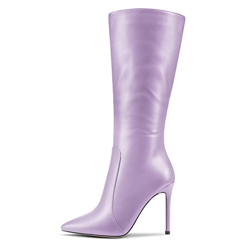 MAGIOPY Damen Stiletto Hoher High Absatz Heel Spitze Zehenkappe Mid Calf Reißverschluss Büroschuhe Cute 10 CM Heels Stiefel Violett 39 EU von MAGIOPY