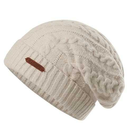 MAGISDU Mütze Damen Winter Wintermütze Merino Wollmütze Lang Beanie Strickmütze Mit Wollfutter Thermo Gefütterte Warme Grobstrick Slouch Hat von MAGISDU