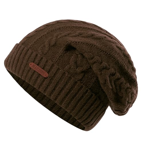 MAGISDU Mütze Damen Winter Wintermütze Merino Wollmütze Lang Beanie Strickmütze Mit Wollfutter Thermo Gefütterte Warme Grobstrick Slouch Hat von MAGISDU