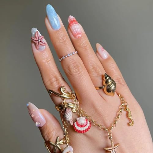 Women Press On Nails - Medium Almond Handmade 10Pcs Unique Fake Nails, Artistic Design, Thick Acrylic and Muti-Layer Gel False Nails (Size S) von MAGLFELL