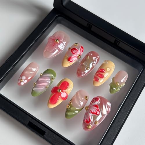 Women Press On Nails Medium Almond Handmade 10Pcs Unique Fake Nails, Thick Acrylic and Muti-Layer Gel False Nails (Size M) von MAGLFELL