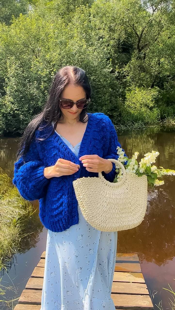 Handgestrickter Grobstrick Königsblau Pullover Alpaka Wolle Strickjacke Mit Knöpfen M von MAGNOLIAKNITWEAR