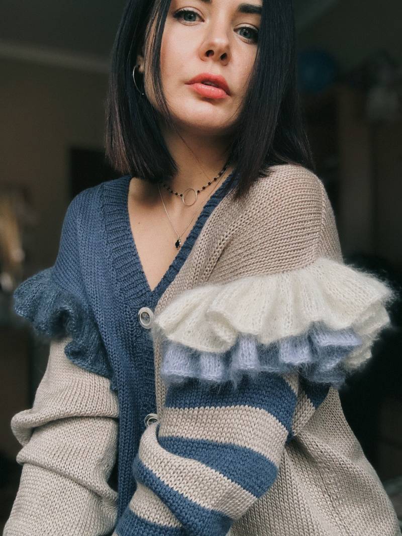 Color Block Cardigan Merino Wolle Grobstrick Pullover von MAGNOLIAKNITWEAR