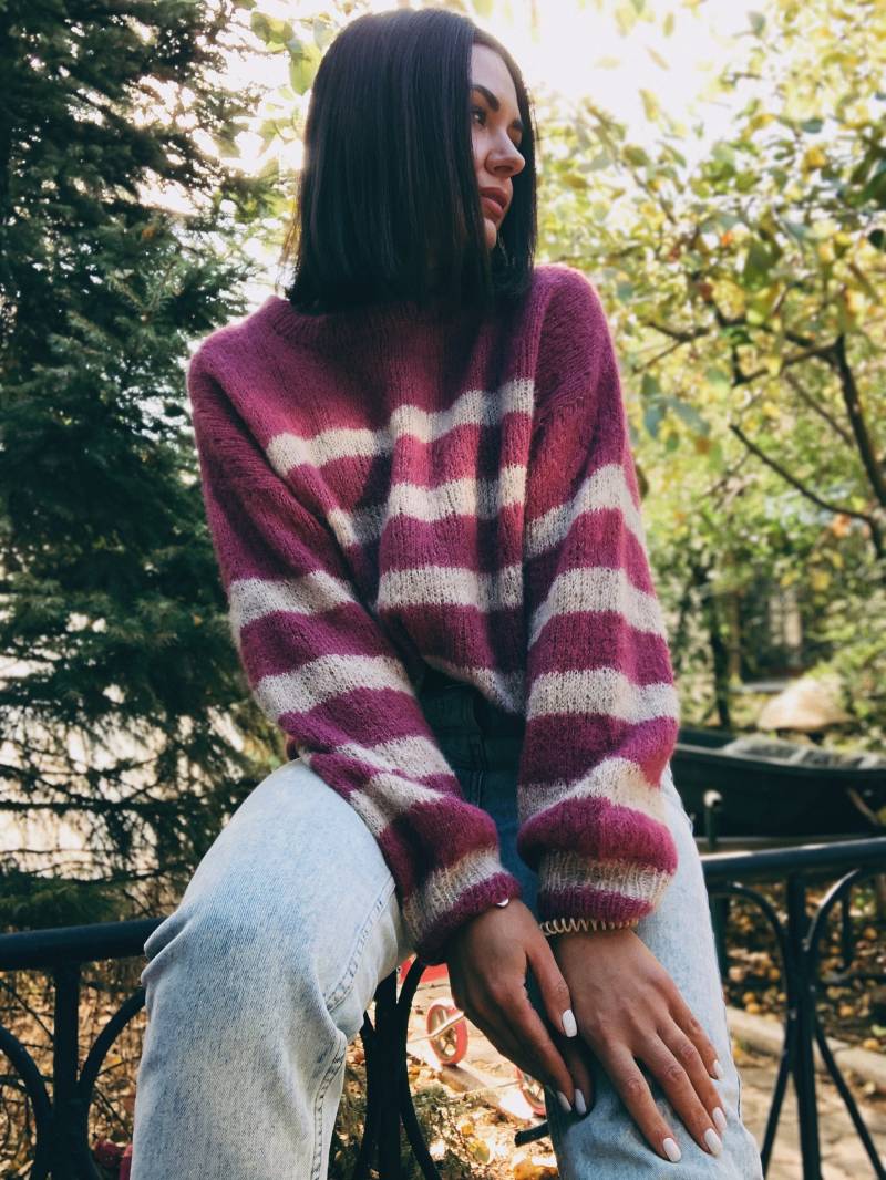 Übergroßer Alpakapullover Handgestrickter Gestreifter Pullover Handgefertigter Flauschiger von MAGNOLIAKNITWEAR