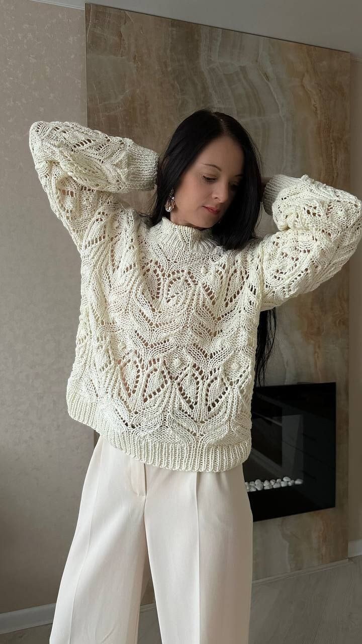 Grobstrick Pullover Creme Hand Gestrickt Baumwolle Strick Spitze Für Frauen von MAGNOLIAKNITWEAR