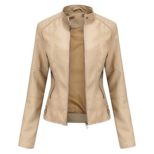 MAGREAT Damen-PU-Lederjacken, kurze Kunstlederjacke, große Größe, Reißverschluss, schmale Passform, lässiger Biker-Mantel, khaki, 38 von MAGREAT