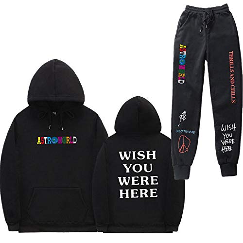 MAGREAT Kapuzenpullover-Set für Herren,3D ASTROWORLD bedrucktes Kapuzen-Sweatshirt und hellschwarze lange Hose Set Trainingsanzüge Jogginganzug 2-teilig(ttsC-Black-M) von MAGREAT