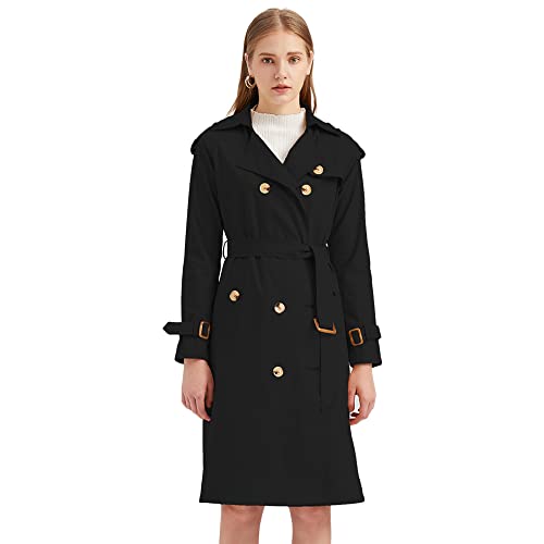 MAGREAT Langer Trenchcoat für Damen, klassischer zweireihiger Mantel mit Gürtel, Schulterklappen, winddichte lange Jacke, Outdoor, Schwarz , 42 von MAGREAT