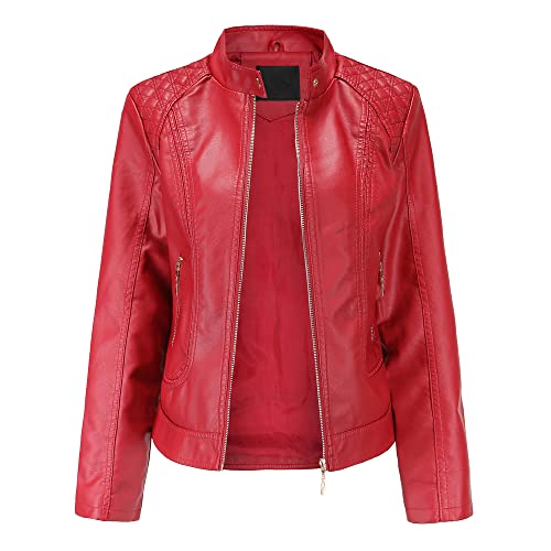 MAGREAT Stilvolle Damenjacken, klassische kurze Kunstlederjacke, Reißverschluss, schmale Passform, lässiger Biker-Motormantel, rot, 38 von MAGREAT