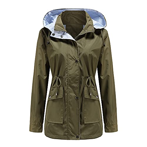 MAGREAT Winddichte Jacke für Damen,Kurzer Trenchcoat mit abnehmbarem Hut-Reißverschluss Wasserdichte Regenjacke mit Taillenseil Outdoor(Qfy01-Olive green-3XL) von MAGREAT