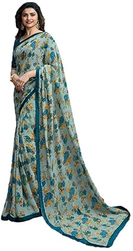 MAHEK Indische Damen-Blumen-Prints Saree mit Bordüre und Bluse, 32, Himmelblau, Einheitsgröße von MAHEK