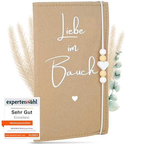 MAHEWA® Mutter-Kind-Pass-Hülle Österreich aus Filz-Stoff | Mutterpass-Organizer Mutterpass-Tasche Schutzhülle (Mutterkindpass Liebe im Bauch, Beige) von MAHEWA