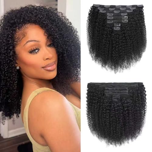Afro-Echthaar-Haarverlängerung, gelockt, zum Anklipsen, 4C, für schwarze Frauen, 8 Stück mit 20 Clips, 120 g, natürliches Schwarz, 35,6 cm von MAHKOTAKU
