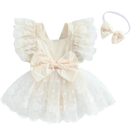 2 Stück Set Elegant Mädchen Sommeranzug Neugeborene Ärmel Rüschen Kleid Neugeborene Zeremonie Elegantes Kleid Neugeborene Bodysuit Tutu Baby Spitze Strampler Taufe+Stirnband, beige, 0-6 Monate von MAHUAOYIXI