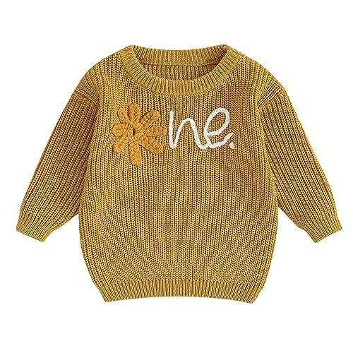 Baby Herbst Pullover Geburtstag Pullover One Stickerei Pullover Erster Geburtstag Rippenstrickpullover Baby 1. Geburtstag Strickpullover Langarm Blumen Buchstaben Pullover (Khaki-B, 9-12 Months) von MAHUAOYIXI