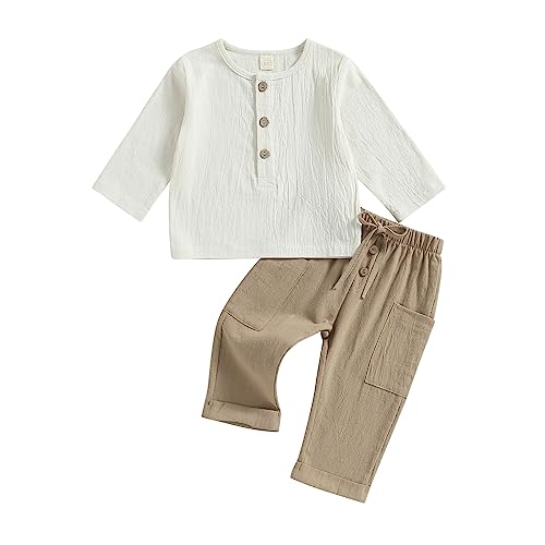 Baby Jungen Herbst Outfit 2 Teiliges Leinen Sportanzug Baby Jungen Baumwolle-Leinen Hosenanzug Knopfleiste Leinen Langarmshirt+Elastische Hose Herbst Baumwolle Hosen Set (Khaki-C, 3-4 Jahre) von MAHUAOYIXI