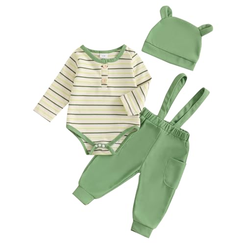 Baby Jungen Herbst Outfits 3 Teiliges Bär Muster Hosenträger Hosen Set Langarm Streifen Strampler+Hosenträger Hose+Bär Hut Weiche Baby Set Cute Bekleidung Fürs Baby Jungen (Grün, 6-12 Months) von MAHUAOYIXI