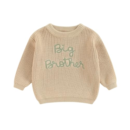Baby Jungen Herbst Pullover Big/Lil Brother Stickerei Strick Pullover Baby Brudern Matching Pullover Langarm Rundhalsausschnitt Buchstaben Pullover Gesticktes Rippenpullover (Khaki-A, 3-4 Years) von MAHUAOYIXI